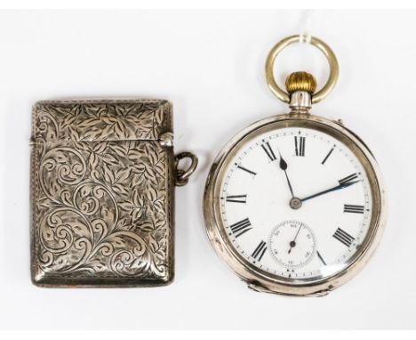 One silver vesta case, leaf design pattern, one silver pocket watch, white enamel face, total gross weight approx 27.5gms