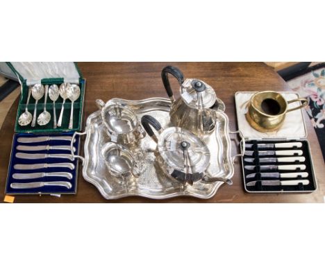 An EPNS tea service comprising teapot, hot water jug, sugar bowl, milk jug and tray together with cased EPNS flatware and bra