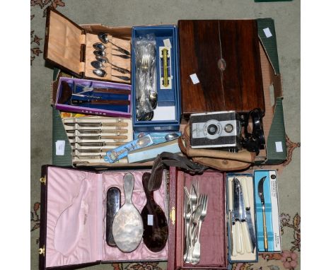 Writing box, boxed cutlery collectors spoons camera, boxed dressing table brush set etc (parcel lot)