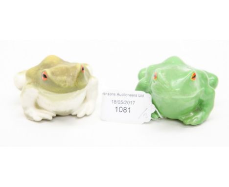 Two Royal Worcester Toad figures,m one green glazed, the other part glazed, green marks and registration numbers (2) 