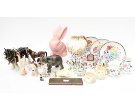 A collection of ceramics, including: Poole vase and plates; rabbit figure; elephant, etc.