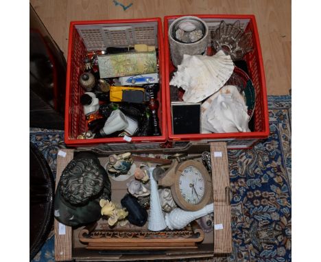 Three boxes of mixed items to include Avon Cosmetic bottles, two large Sea Shells, china, glass, metal wares, etc.