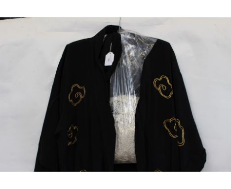 A vintage black silk kimono with gold embroidery in gold Dragon/red silk design, Japanese, lined in silk and a black silk pia