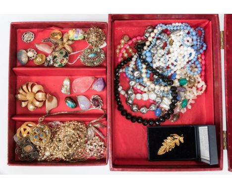 A jewellery box and contents, to include mother of pearl Venetian glass, brooches, etc 