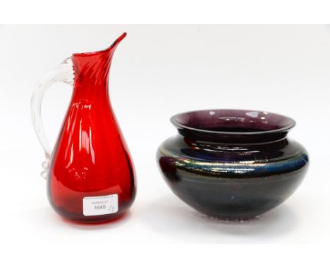 A Caithness glass bowl - purple with fine blue and yellow bands with a Whitefriars jug (2) 
