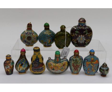 Eleven Chinese cloisonné enamel snuff bottles 20th Century several decorated in 'Ming' style with phoenix, birds and flowers,