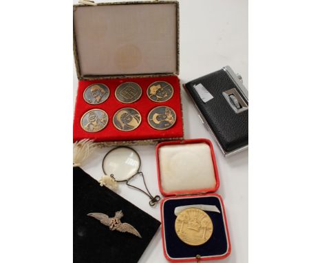 Opera glasses, box of Chinese coins, George VI coin, badge, elephant pendant and eye glass (6) 
