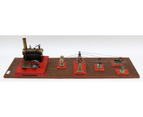 Mamod: A mounted Mamod Live Stationary Steam Engine, S.E.3, Twin Cylinder Superheated Steam Engine, single spoked flywheel, t