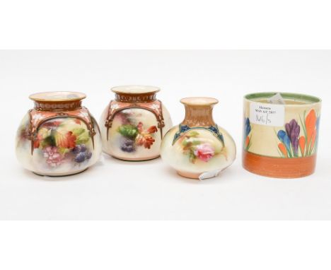 A pair of Worcester Hadleys vase 172/11,51, with a Royal Worcester vase (af) and a Clarice Cliff Crocus pattern jam pot (no c