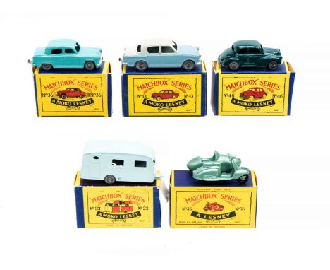 Matchbox: A collection of five boxed Matchbox vehicles to comprise: a "No.23b" Berkeley Cavalier Caravan, a "No.36a" Austin A