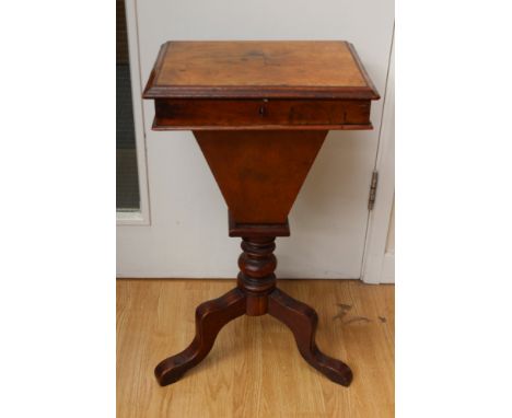 A Victorian walnut, work table, pedestal form, on tripod base