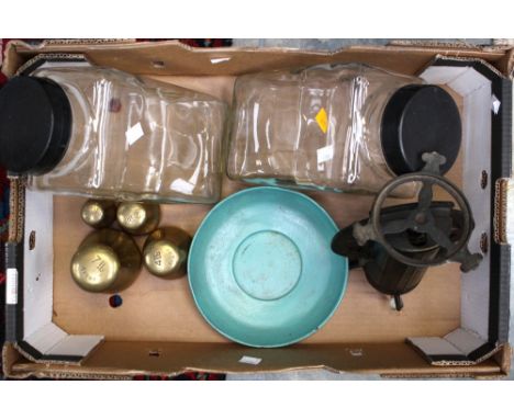 A box of Kitchenalia, including weighing scales, Avery weights, shop sweet jars, etc 