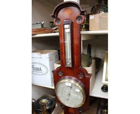 An Edwardian Art Nouveau mahogany and satinwood inlaid barometer and thermometer, the dial a/f