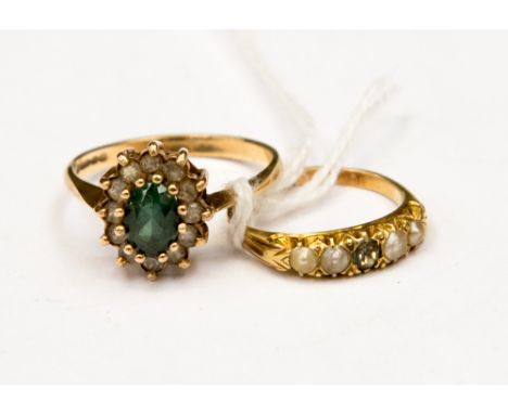 Two gold rings comprising of one 9ct gold green and white stone cluster ring possibly tourmaline, size Q along with a 9ct pea