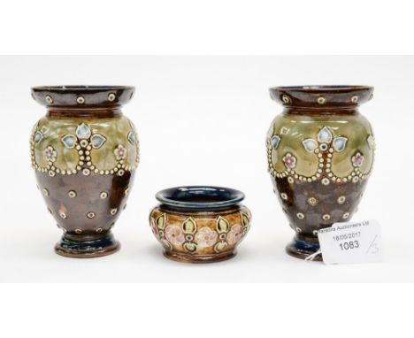 A pair of Royal Doulton stoneware Art Nouveau baluster vases and a condiment (3)
