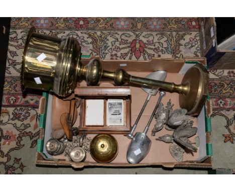 Fighting Cocks, brass jardiniere, tea caddy, wooden card box, shoe stretchers etc (1 box) 