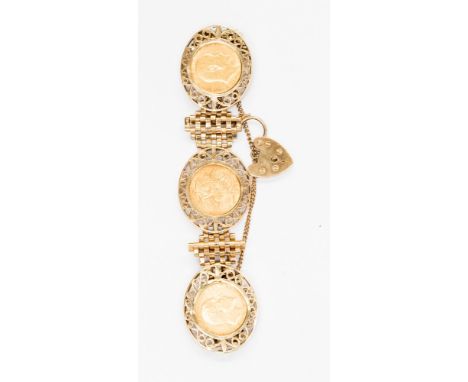 A sovereign bracelet set with three sovereigns 1910, 1908 and 1906 in 9ct fancy mounts and gate link spacers with padlock cla