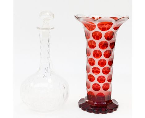 A 19th Century, possibly Thomas Webb, ruby glass overlay glass vase (a/f) coin pattern, together with a cut glass decanter 