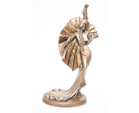 A ceramic Art Deco style figure of a lady, with large fan shaped cape, signed to base, approximately 49cms height