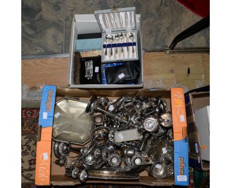 Two boxed of plated wares, candelabra, boxed cutlery, trays etc (2) including binoculars and ceramic box with vintage car