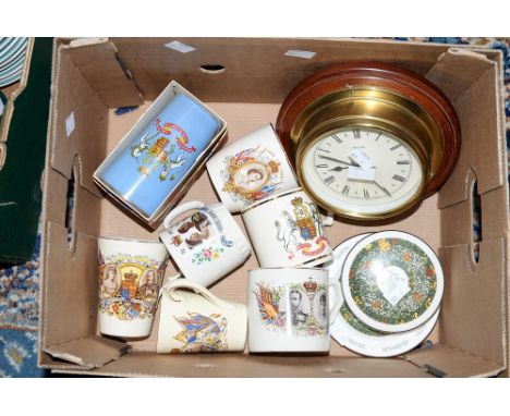 A collection of seven Royal Commemorative ceramic mugs including a 1953 Coronation example in original box plus a small batte