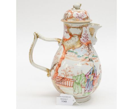 A late eighteenth Century Chinese teapot with lid, depicting figures in home scene, (spout broken), approx height 24cm