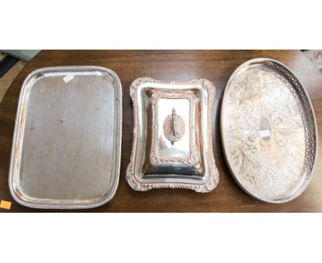 A silver and copper entree dish with detachable handle, a 1975 presentation gallery tray, silver on copper, an old Sheffield 