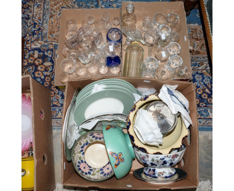 A Royal Doulton bulbous vase, with a Majolica jardiniere, bowl with hand painted butterflies, pedestal bowl, Wedgwood biscuit