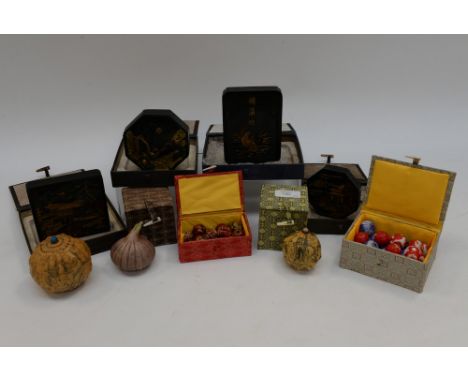 Two Chinese incised gourd snuff bottles, modern, decorated with children playing, 8cms and 6cms high, and two boxes of glass 