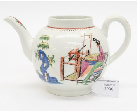 A Worcester polychrome teapot, decorated with a spinning maiden pattern, circa 1765, 12 cm high approx 