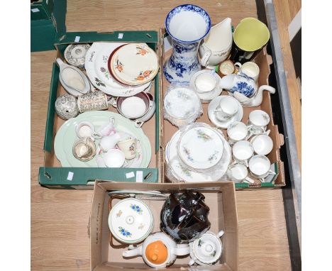 Royal Doulton teaware, jester jug, Meakin, Minton, Wedgwood trial plate, Victorian double-spouted teapot etc (3 boxes) 