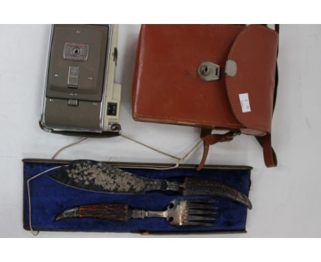 A Polaroid Camera in case and a pair of Fish servers.