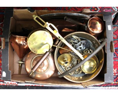 Two boxes of assorted metalware, comprising jam pans, copperware, horsebrasses, copper kettle, chocolate pot, copper tray, br