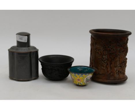 A Chinese carved bamboo brush pot; together with an ebonised carved bowl, enamelled metal bowl and pewter tea caddy (4) 