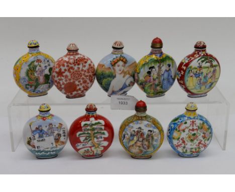 Nine Chinese 'Canton' enamel snuff bottles, 20th Century each of 'moon flask' form painted and printed in colours with mythol