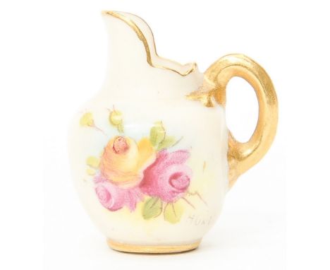 A Royal Worcester miniature jug painted with roses, signed by Mili Hunt, early 20th Century, 3.5 cm high approx 