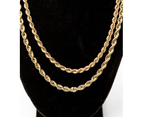 Two 9ct gold hollow rope chain approx 450mm and 400mm long, both ring fasteners, total weight approx 13.1gms