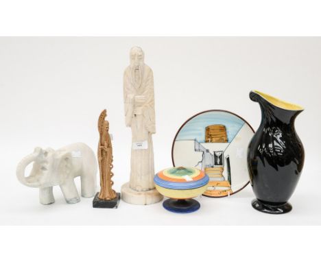 A carved marble Chinese Deity, a marble Elephant, a resin Deity on marble base; together with an Art Deco Carlton ware dish a