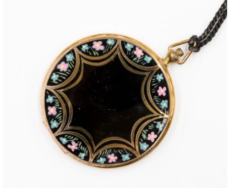 Round powder compact in the style of pocket watch, black enamel fifnish with pink and blue flower detail, mirror and powder i