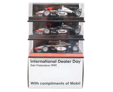 Minichamps: A collection of three Formula 1 1:43 scale model vehicles to comprise: a West McLaren Mercedes MP4/13 Mika Hakkin