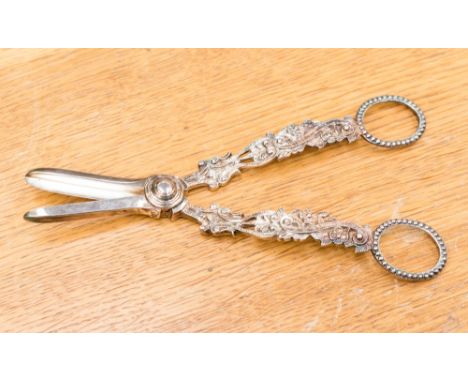 A pair of Victorian silver grape scissors with beaded and floral scroll cast handles, Sheffield 1899 by maker James Dixon & S