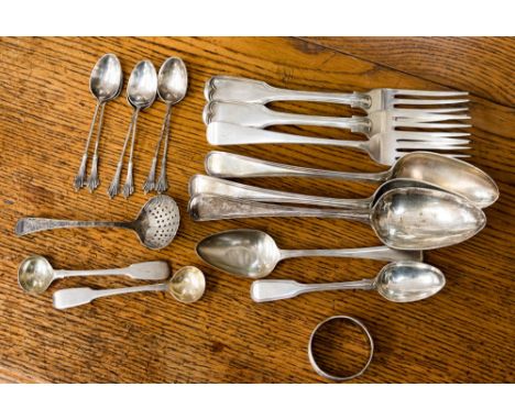 A set of six tea spoons, Sheffield 1899 weighing approx 1.58ozt, with a group of silver spoons including three matched tables