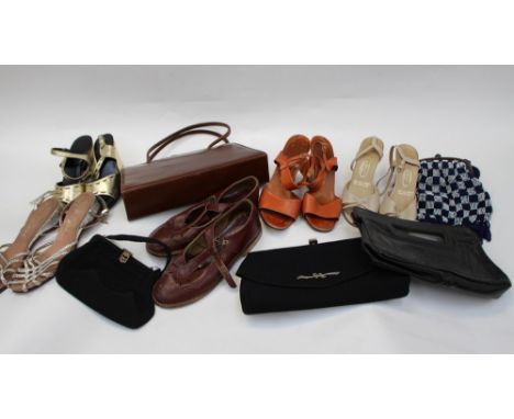 A large pair of 1940s brown leather child's sandals; one pair of silver 1955 wedding shoes - a pair of 1978 sling backs and t