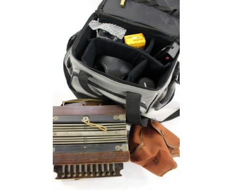 A Chinon camera two lenses, box camera and accordion (parcel)  