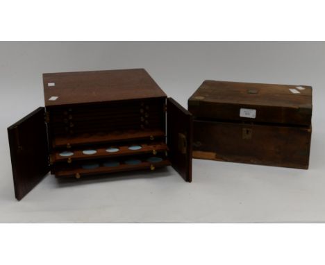 A writing box , a/f, together with a mahogany coin display box with sliding shelf drawers ( last sold by Whytes, Feb 1999), w