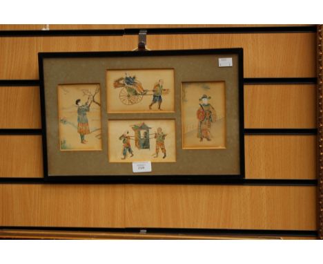 An unusual Chinese picture/folk art, created using stamps with painted faces and detail in watercolour, mounted and framed, c