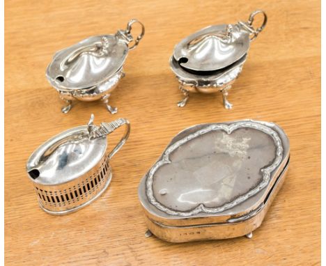 Three silver mustard pots with blue glass inserts one Chester assayed 1908 and the pair London assayed 1898 along with a jewe