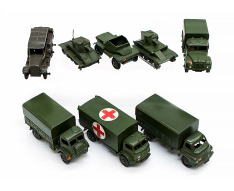 Dinky: A collection of eight Dinky army vehicles to include, 626 Military Ambulance, 621 Three-Ton Cargo Truck, 673 Army Wago