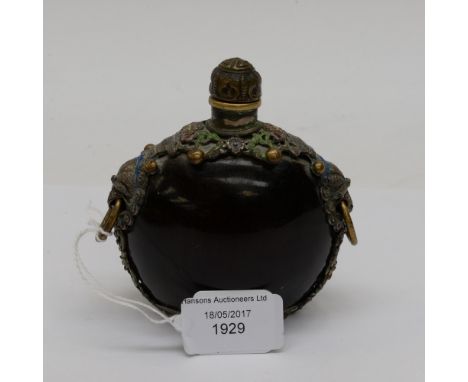 An unusual Chinese white metal mounted wood and enamelled large table snuff bottle, early 20th century, of ovoid shape, the s