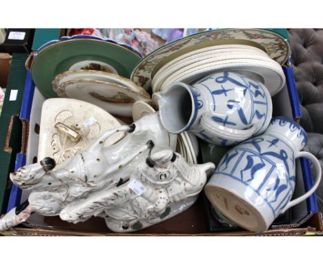 A box of assorted ceramics including cheese dome, hand painted plates, Wedgwood, Royal Worcester, etc, flatbacks, etc 